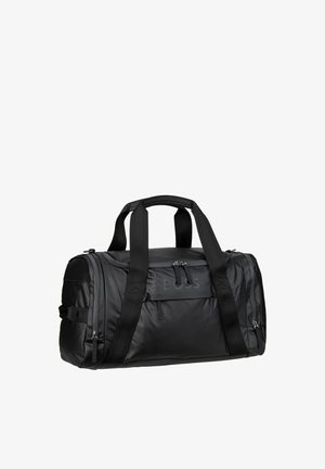 Black duffel bag made of sleek nylon with dual handles, a front zip pocket, and subtle branding. Features textured accents and sturdy straps.