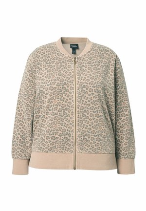 Beżowa bluza rozpinana na zamek z nadrukiem w cętki, ściągaczami na mankietach i u dołu oraz klasycznym krojem kurtki bomberki. Miękka faktura tkaniny.