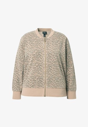 Beige Sweatshirt zum Reißverschluss mit Leopardenmuster, gerippten Bündchen und Saum sowie klassischem Bomberjacken-Design. Weiche Stoffstruktur.