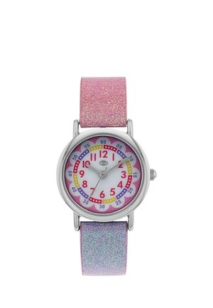 Analoge Kinderarmbanduhr mit pinken und lila glitzernden Armbändern, weißem Zifferblatt, roten Zahlen und bunten Minutenmarkierungen in Blumenmuster.