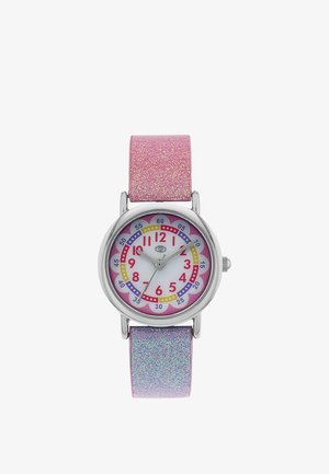 Analoge Kinderarmbanduhr mit pinken und lila glitzernden Armbändern, weißem Zifferblatt, roten Zahlen und bunten Minutenmarkierungen in Blumenmuster.