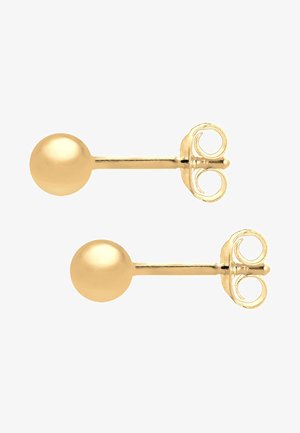 Guld stud øreringe med et rundt kugledesign. Glat overflade med en poleret finish, sikret med en sommerfuglsklip.