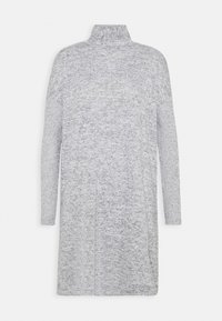Abito a collo alto grigio in maglia con maniche lunghe, caratterizzato da una texture morbida e una vestibilità oversize e morbida, che arriva sopra il ginocchio.