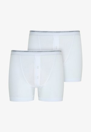 Witte katoenen boxershorts met knoopsluiting, voorzien van een grijze elastische tailleband met de opdruk "Jockey." Twee stukken samen weergegeven.