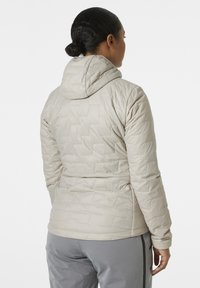 Beige geïsoleerde jas met een gewatteerd patroon en een capuchon, met lange mouwen en een getailleerde taille, weergegeven vanuit de achterkant.
