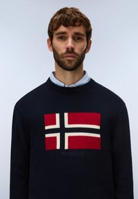 Hombre con pelo corto castaño y barba que lleva un jersey azul marino con un diseño de cruz nórdica en rojo, blanco y negro sobre una camisa azul clara con cuello.