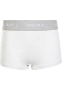 Vita bomullsboxer med en grå elastisk midjeband där det står "ENDURANCE" tryckt i vitt. Slät textur och klassisk design.