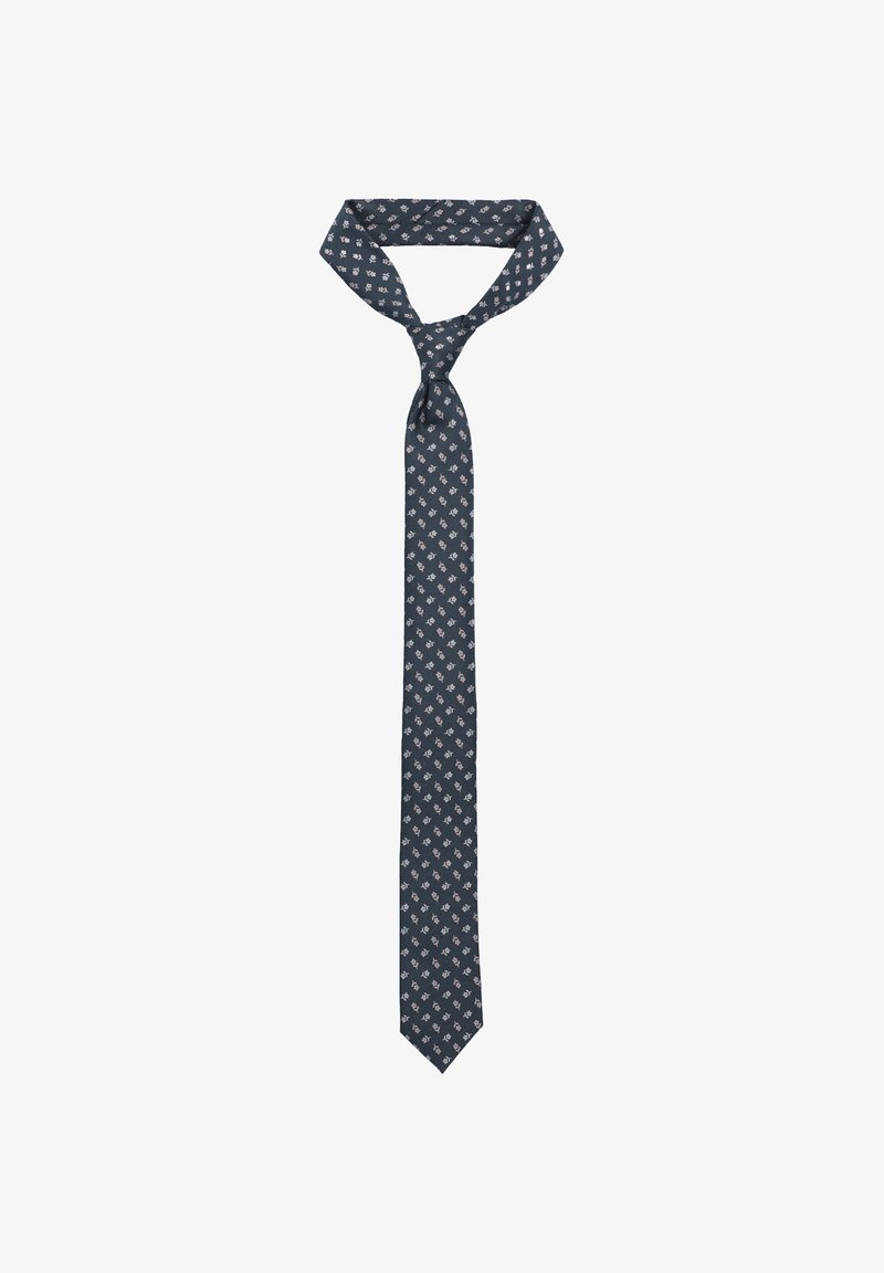 Granatowy krawat z małym kwiatowym wzorem w białym i jasnoróżowym kolorze. Wykonany z gładkiego materiału o klasycznym wąskim kształcie. Trójkątny koniec.