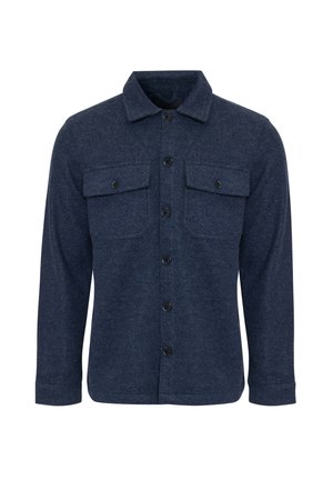 Marineblaue Wolljacke mit Knöpfen, Kragen, langen Ärmeln und zwei aufgesetzten Brusttaschen mit Knöpfen.