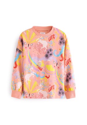 Rosa Langarmshirt für Kleinkinder mit Einhörnern, Schmetterlingen, Blumen, Regenbogenwirbeln und den Worten "love" und "positive vibes" in bunter Schrift.