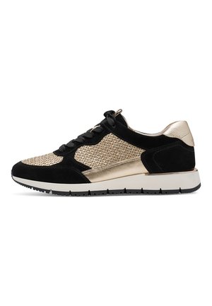 Black and gold low-top sneaker with woven texture panels, black laces, white sole, and black-and-gold rubber outsole, shown from the side.