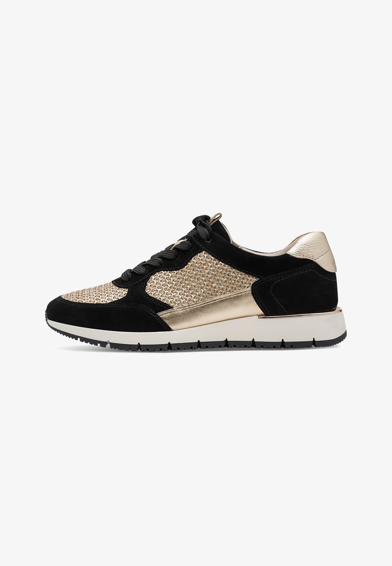 Black and gold low-top sneaker with woven texture panels, black laces, white sole, and black-and-gold rubber outsole, shown from the side.