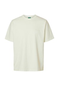 Lysebeige bomulds-T-shirt med rund halsudskæring og korte ærmer, med et diskret logo trykt i en lysere nuance på brystet.