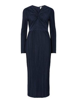 Abito midi blu navy a maniche lunghe con tessuto plissettato e dettaglio a nodo intrecciato sulla scollatura a V, silhouette aderente.
