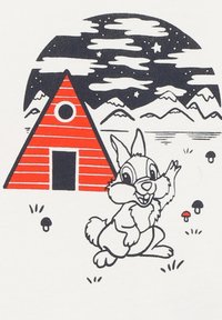 Lapin de dessin animé gris avec contour noir, agitant la main près d'une maison triangulaire rouge, sous un ciel nocturne étoilé avec des montagnes et des champignons.