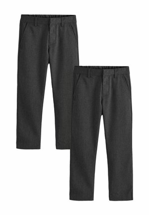 Pantalon gris foncé, coupe ajustée, en tissu tissé à la texture lisse. Comprend des poches avant et une ceinture structurée.