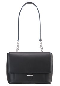 Borsa a tracolla nera in pelle con una catena argentata, forma rettangolare, chiusura a pattina anteriore e superficie testurizzata. Presenta un accento metallico.