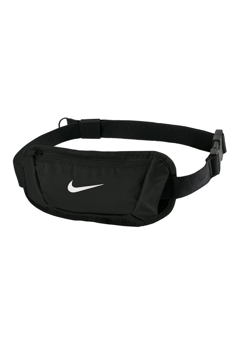 Black waist bag made of durable fabric with adjustable strap. Features a zippered front pocket and a white Nike logo on the surface.