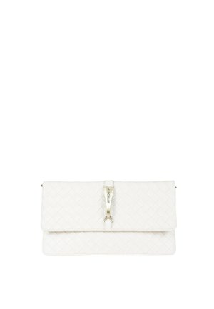 Borsa clutch bianca in pelle intrecciata con patta a risvolto e dettaglio fibbia dorata incisa con "MARC ELLIS".