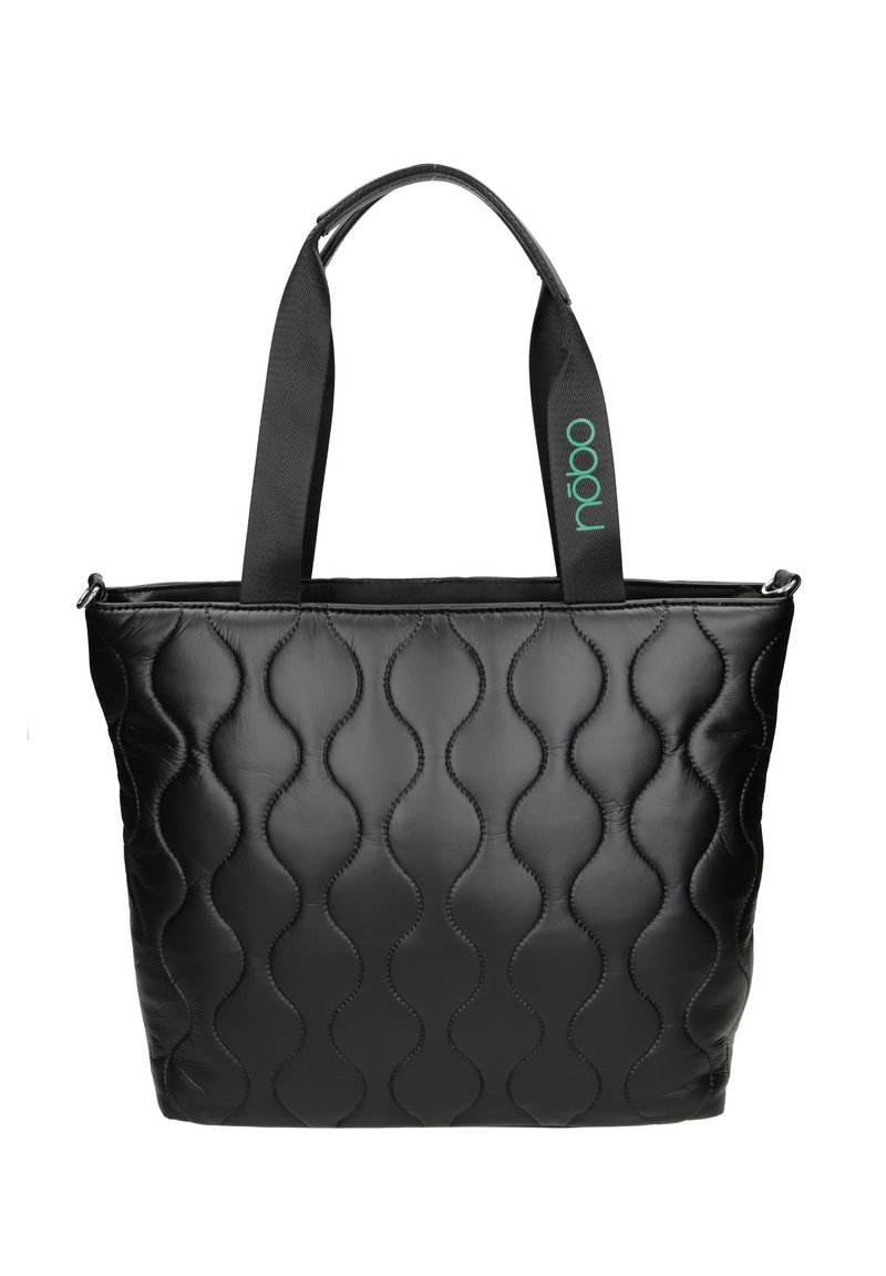 Svart quiltad tote-väska med vågig textur, utrustad med en grön logotyp på remmarna och en övre dragkedja för säker förvaring.
