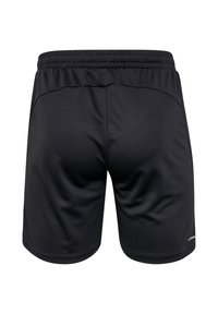 Svarta träningsshorts tillverkade av ett luftigt tyg, med resårmidja och slät yta. Inga distinkta mönster eller detaljer synliga.