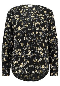 Czarna bluzka z żółtym i niebieskim kwiatowym wzorem, długimi rękawami, dekoltem w kształcie litery V oraz dłuższym tyłem, zapewniająca luźny krój.