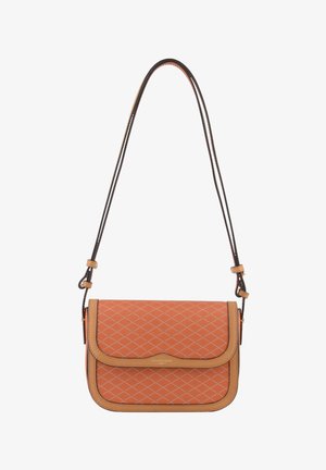 Sac à bandoulière en cuir matelassé orange de taille moyenne avec bordure beige et bandoulière réglable.