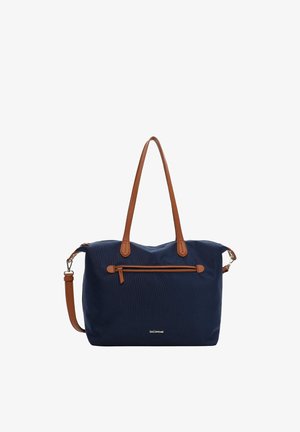 Granatowa torba typu tote z brązowymi skórzanymi uchwytami i kieszenią zapinaną na zamek z przodu, wyposażona w odpinany pasek na ramię oraz srebrne logo.