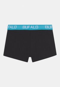 Črne bombažne bokserice s turkiznim elastičnim pasom, na katerem je v ponavljajočem se vzorcu napis "BUFFALO". Dodatne podrobnosti niso na voljo.