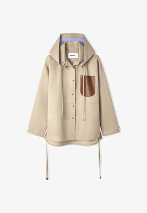 Beige lightweight jacket with a front pocket featuring brown leather accent, large hood, button closure, and drawstring details.