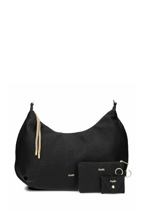 Black textured leather hobo bag with two gold-tone zipper pulls, accompanied by a matching wallet and small pouch, featuring logo accents.