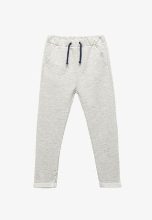 Un pantalon de jogging gris en tissu doux et texturé avec des éclats multicolores ; comporte une taille élastique avec un cordon de serrage bleu marine et des poches latérales.