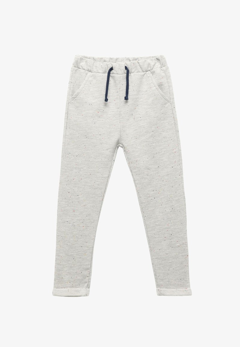 Un pantalon de jogging gris en tissu doux et texturé avec des éclats multicolores ; comporte une taille élastique avec un cordon de serrage bleu marine et des poches latérales.