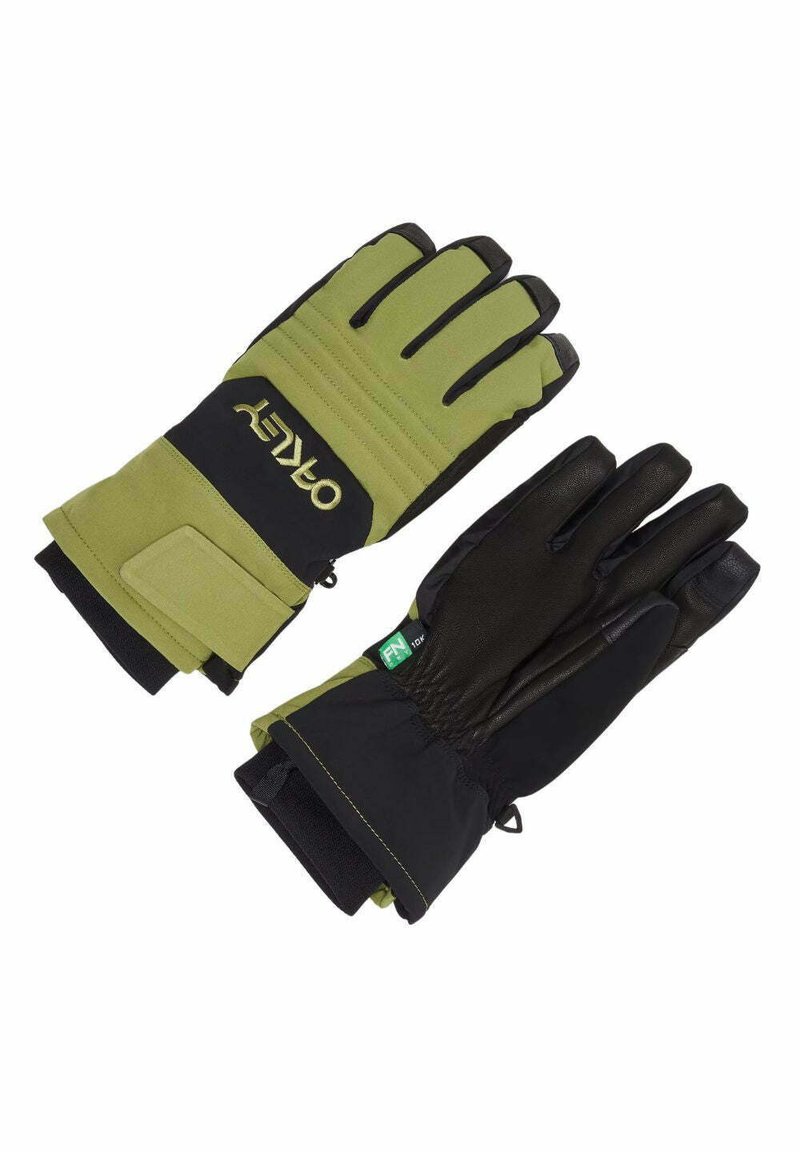 Guanti verdi e neri progettati per il freddo, caratterizzati da un contrasto di texture, punte rinforzate e cinturini regolabili ai polsi per una vestibilità sicura.