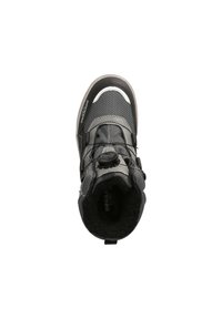 Schwarz- und Graufarbene Wanderschuhe mit einem strukturierten Obermaterial, einer runden Zehenform, einer glatten Gummisohle und einem Drehverschluss zur Anpassung der Passform.