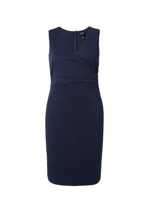 Navy blue fitted dress, sleeveless with a V-neck and wrap design, made from smooth fabric, featuring a concealed back zipper.