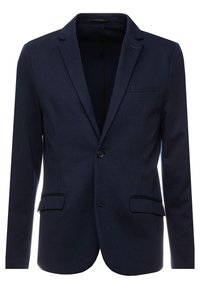 Blazer azul marino de tela texturizada, con cierre de un solo botón, solapas muesca y dos bolsillos frontales.