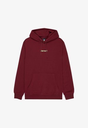 Bordeauxrode hoodie met een voorvak en trekkoorden. Heeft een klein, neon geel "element" logo op de borst.