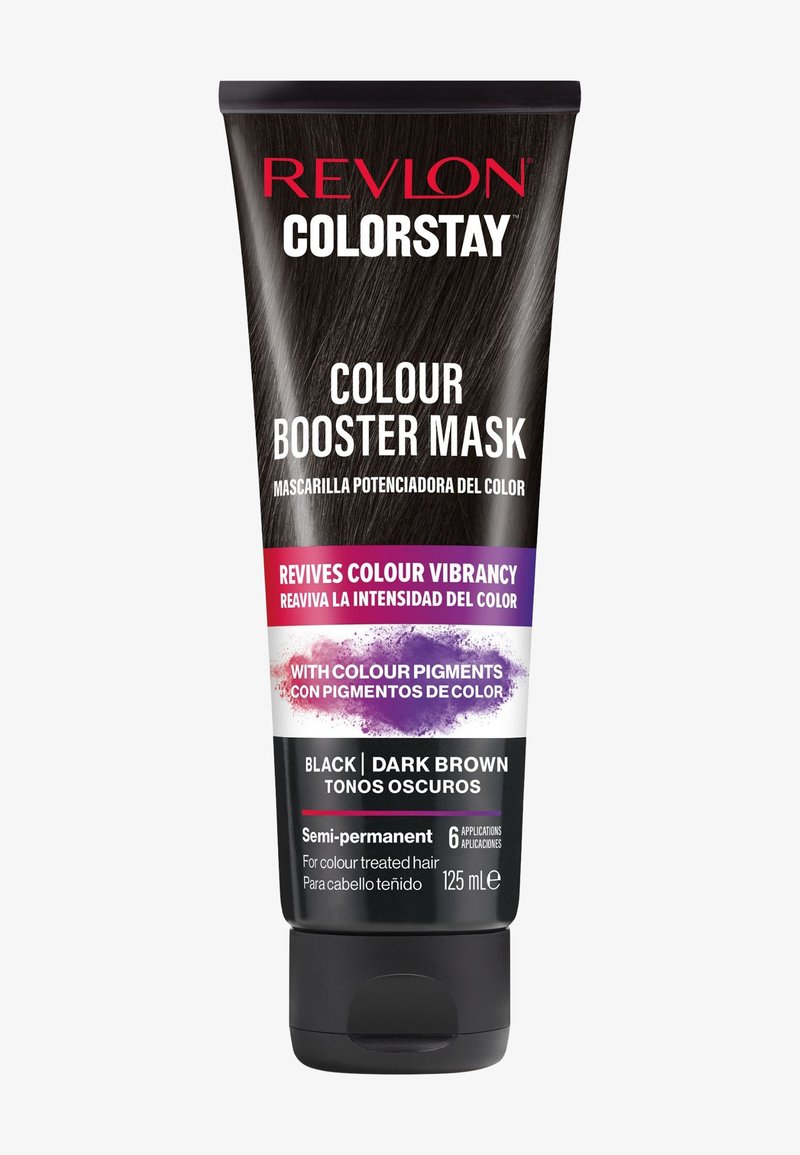 Czarna i ciemna brązowa tuba maski Revlon Colorstay Colour Booster o pojemności 125 mL. Posiada smukły design, wyrazisty tekst i kolorowe grafiki. Formuła półtrwała.