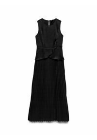 Robe noire sans manches avec corsage ajusté, détail taille à volant et longue jupe plissée, présentée sur fond blanc.