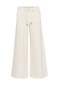 Weiße Hosen mit weitem Bein aus weichem Stoff, mit einem Tunnelzug in der Taille und zwei Fronttaschen. Glatte Textur mit sauberen Nähten.