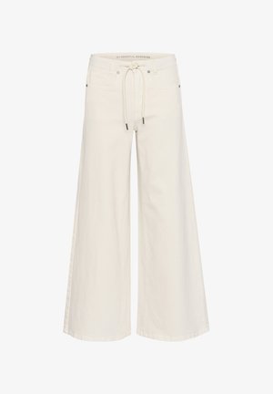 Valkoiset leveälahkeiset housut pehmeästä kankaasta, joissa on nyörivyötärö ja kaksi etutaskua. Sileä pinta ja siistit saumat.