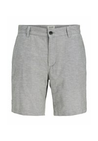 Light gray shorts made of fabric with a subtle texture. Features a front button closure, belt loops, and side pockets.