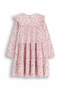 Różowa sukienka w kwiatowy wzór, z falbankowym dekoltem i rękawami, długie rękawy, taliowana w talii i z warstwową spódnicą. Lekka tkanina.