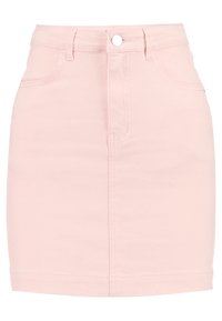 Svetle růžová jeansová sukně s přiléhavým střihem, vysokým pasem, předním zapínáním na knoflík a čtyřmi kapsami; hladká textura s minimem švů.
