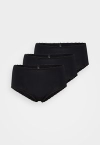 Black lace-trim hipster briefs, ribbed texture, in a pack of three. Features scalloped edges and a full coverage design.