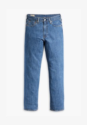 Blue denim jeans with a straight leg cut, copper rivets, and five-pocket design. Features a sewn hem and a classic waistband with belt loops.