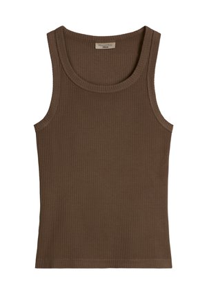Mouwloze geribbelde bruine tanktop met ronde halslijn, gemaakt van katoenen stof, plat gelegd op een witte achtergrond.