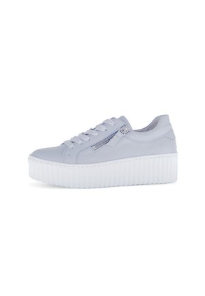 Light blue sneaker with a smooth finish, features a white, ribbed platform sole, lace-up front, and side zip detail.