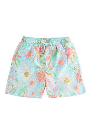 Svetlomodré plavecké šortky s elastickým pásom a sťahovacou šnúrkou, s farebným vzorom slnka, hviezdy a ruky v ružových, oranžových a zlatých tónoch.